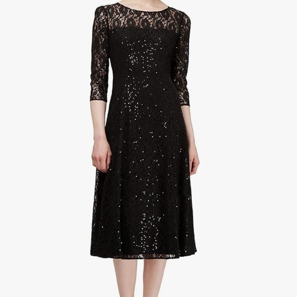 S.L.N.Y Fashions Women's Midi Length Sequin Lace Fit n Flare Dress plus 14 black - Picture 1 of 9